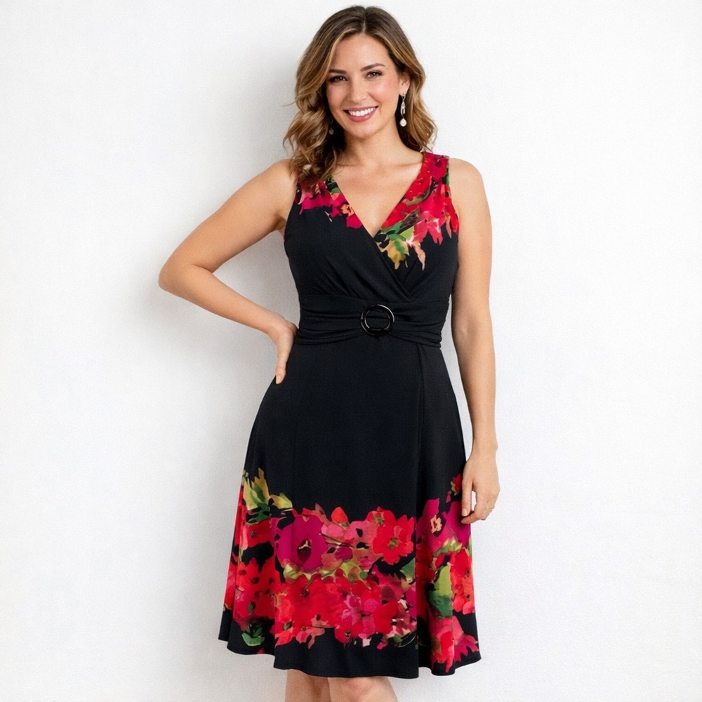 Perceptions New York Black V Neck Floral Print Sleeveless Knee Length
